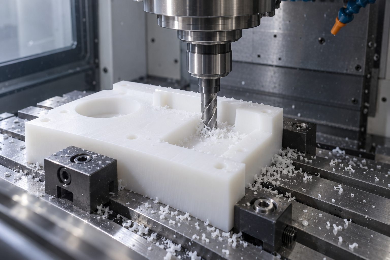 Illustrative CNC machining scene showing engineering plastic components being produced