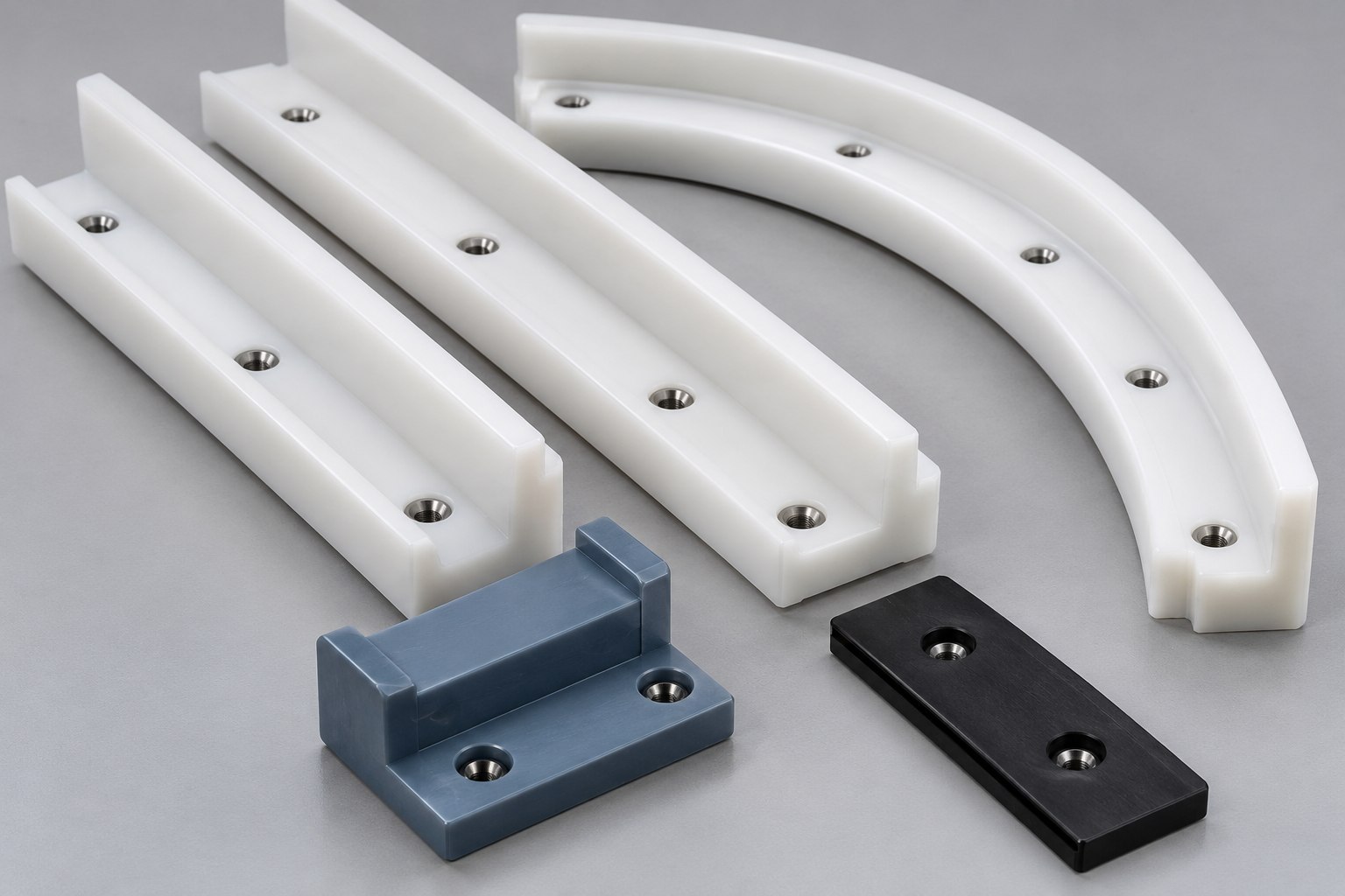 Custom UHMW conveyor guide rails, side guides and machined guide blocks
