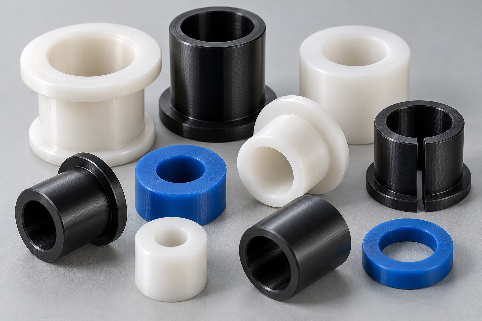 Precision-machined plastic bushings, sleeves and conveyor spacers