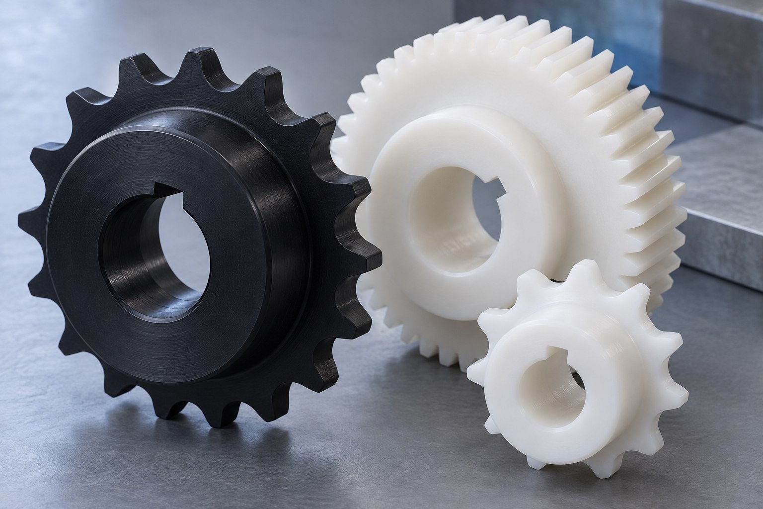 Illustrative machined engineering-plastic gears and sprockets